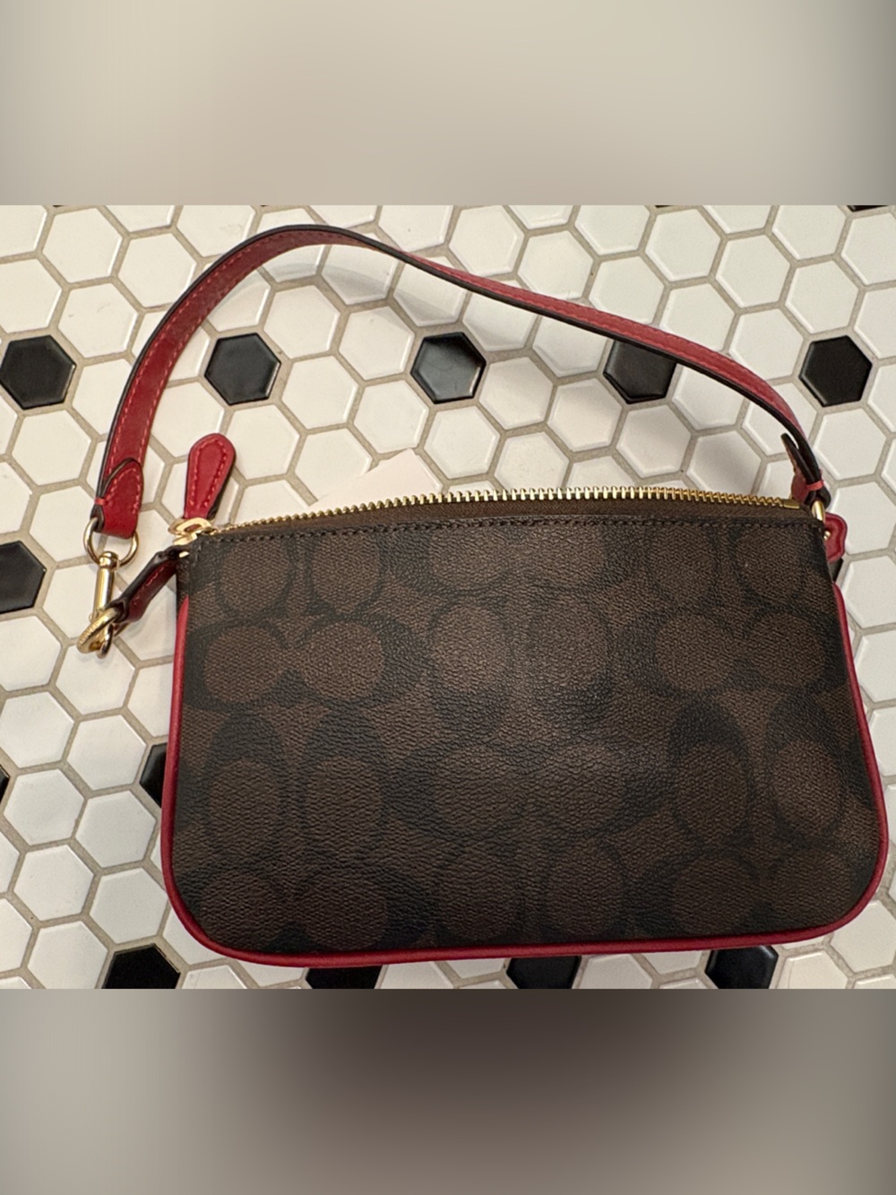 COACH Brown Signature Wristlet with Red Trim and Strap - Picture 3 of 7